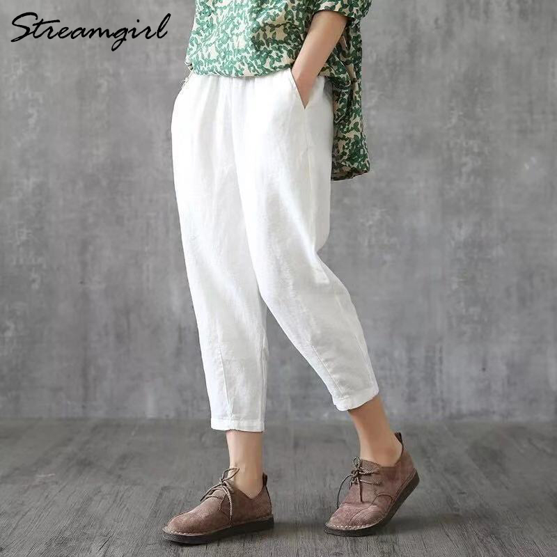 Vintage Women Linen Pants Plus Size 2019 Summer Pant Capris Loose Thin Fabric Linen Cotton Pant Solid Color Harem Pants Women T200319