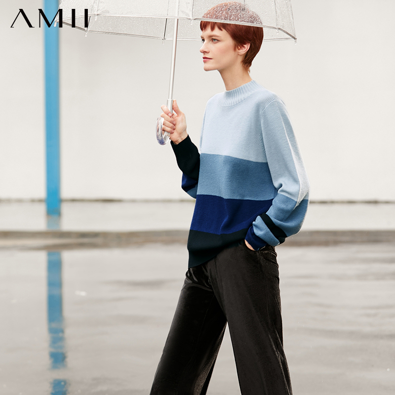 AMII Minimalism Autumn Fashion Women Sweater Olstyle Stripe Turtleneck Loose Women Pullover Causal Female Tops 12040485 201225