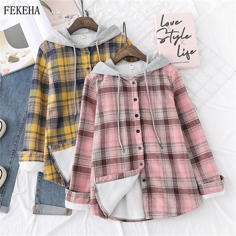 Winter Velvet Hoodies Womens Thick Plaid Shirts Long Sleeve Keep Warm Casual Female Clothes Outwear Coat Hoody Jacket 201217