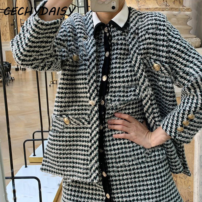 Woman knitted houndstooth jacket single breasted v neck fashion autumn winter clothes casual plaid outwear veste femme ropa 201019