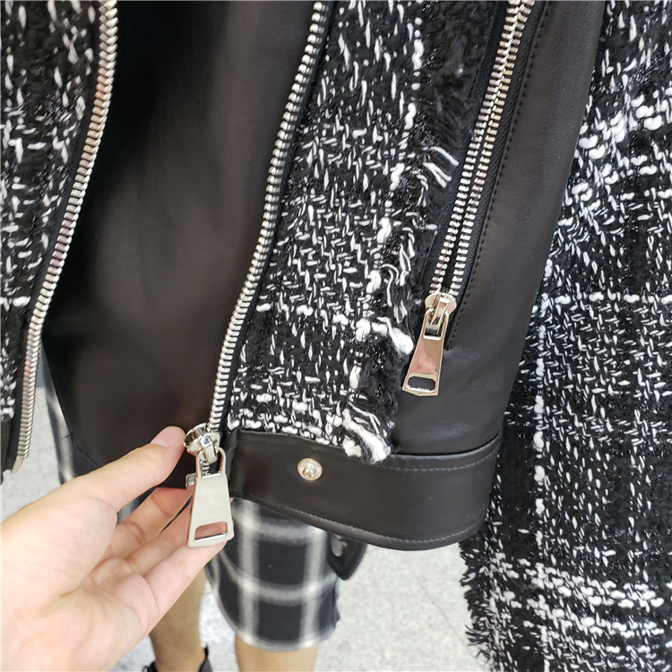 Autumn Tweed Stitching Pu Leather Jacket Women Streetwear Short Jackets Female Lapel Coat Joker Woolen Outwear 201017