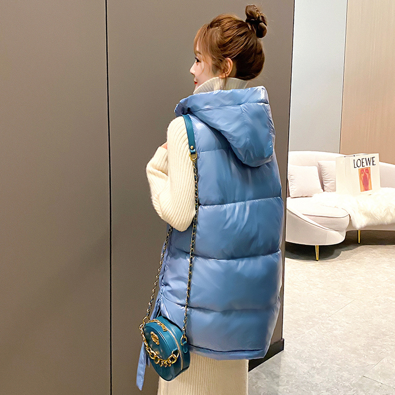 Winter Women's Long Vest Shiny Solid Hooded Sleeveless Jacket Plus Size Stand Collar Cotton Padded Thick Casual Outwear 201211