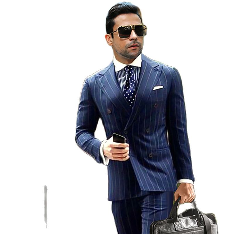 Double Breasted Mens Wedding Tuxedos Pinstripe Groom Suits Peaked Lapel Slim Fit Prom Party Blazer Jacket 2 Pieces
