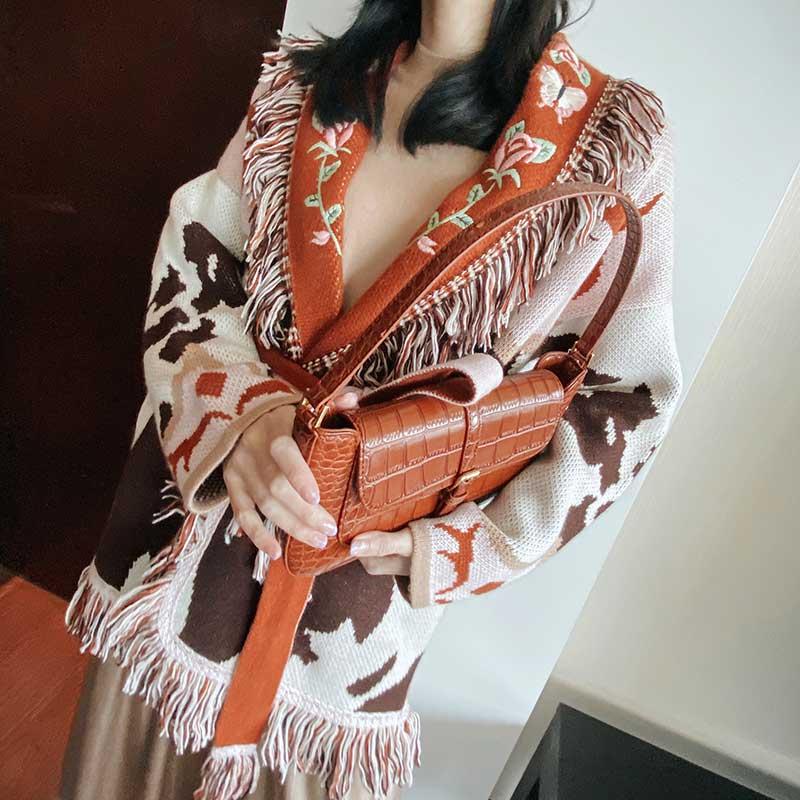 Women's Knits & Tees Boho Inspired Jacquard Cashmere Belted Cardigan Women Warm Fringed Winter Coat Oversized Long Sleeve Sweater