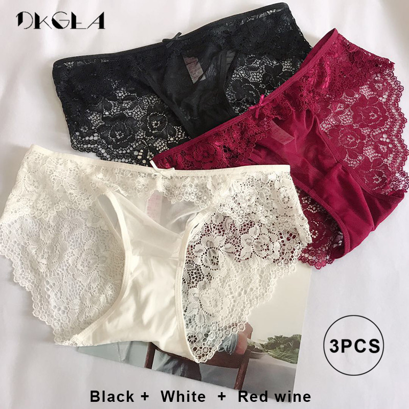 Low-Rise Sexy Panties 3 Piece White+Green+Red Wine Women Underwear Lace Transparent Briefs Hollow Out Embroidery Panty XL L M S 201112