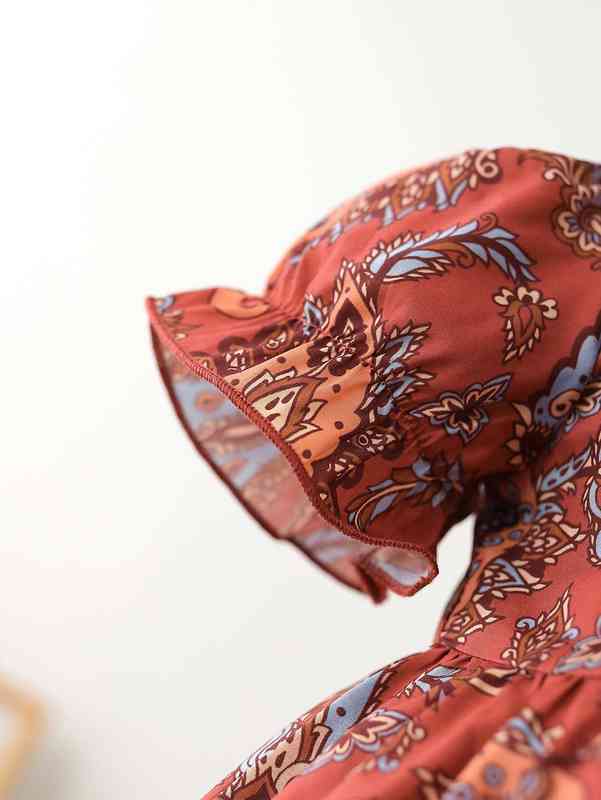 Baby Paisley Print Contrast Lace Puff Sleeve Ruffle Trim Bow Dress SHE