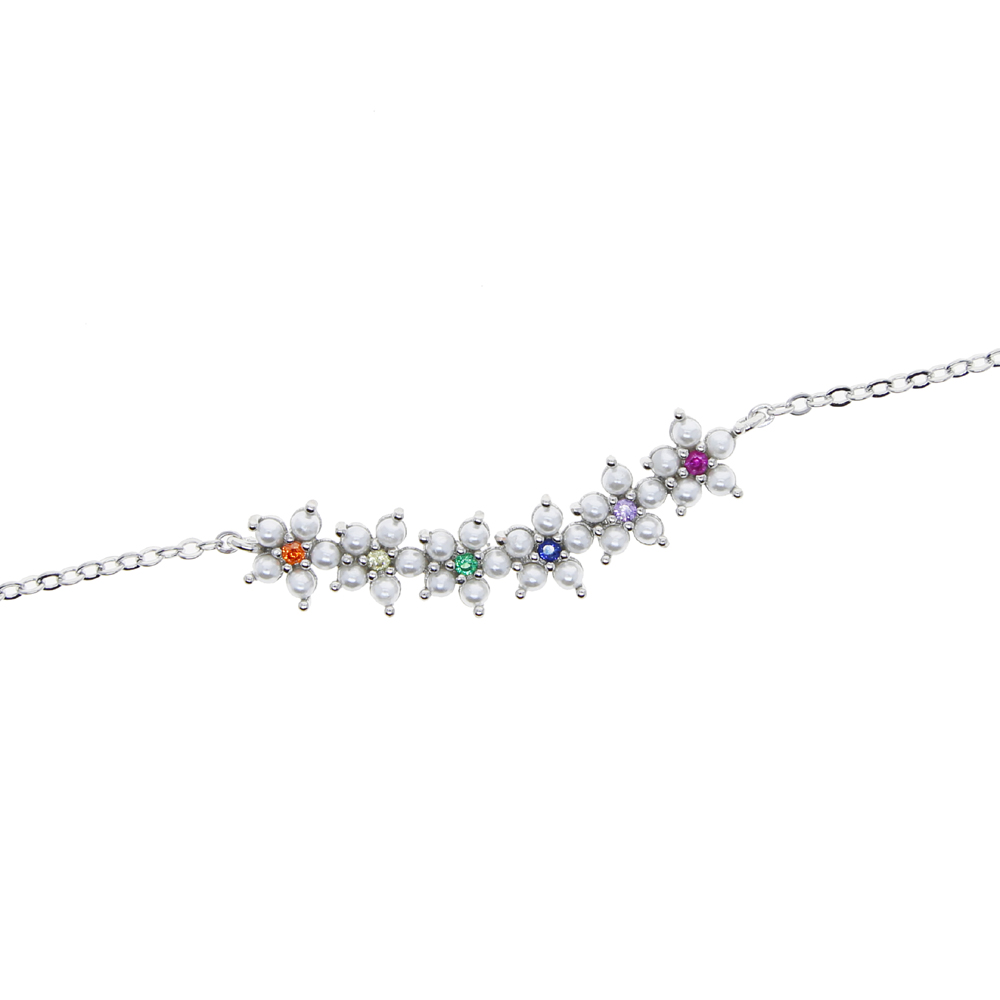 2021 Gold Color Micro Pave Colorful Rainbow Cubic Zirconia Cz Pearl Beaded Flower Charm Cute Lovely Delicate Dainty Cz Women Necklace