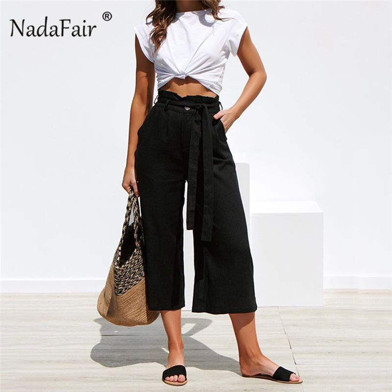 Nadafair Casual High Waist Straight Pant Women Belted Wide Leg Capris Trouser Spring Summer Ankle-length Pants Female T200319