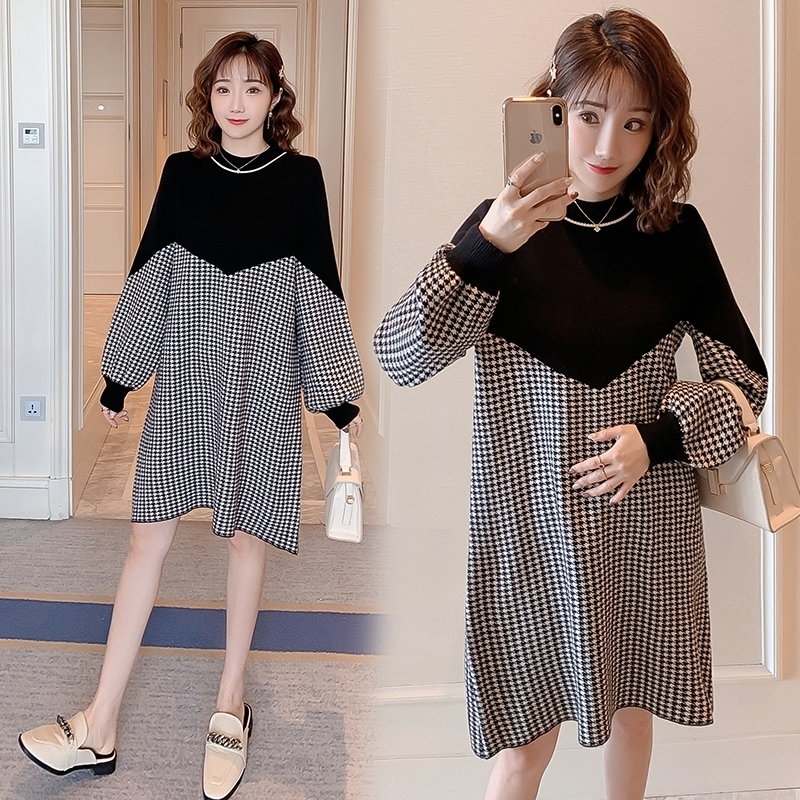 Autumn Patchwork Maternity Nursing Dress Long Sleeve Loose Breastfeeding Clothes for Pregnant Women Houndstooth Pregnancy LJ201124