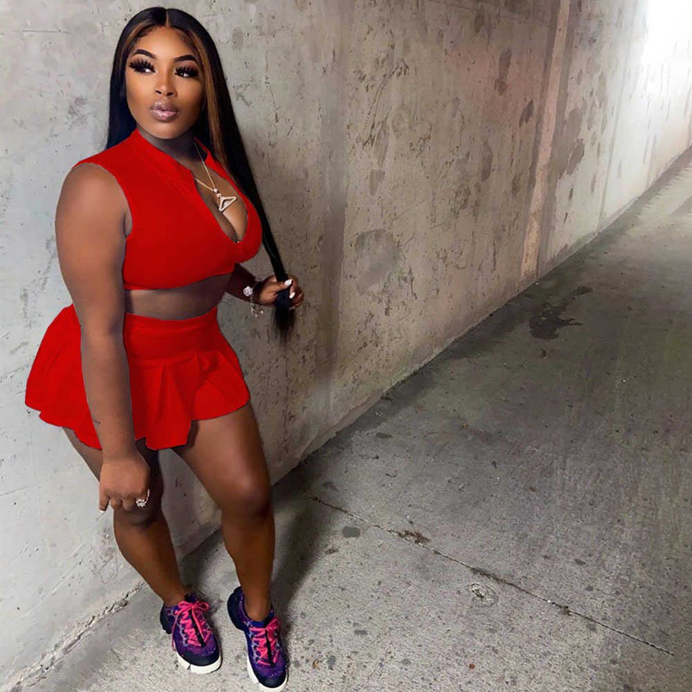 women's fashion casual sexy solid color pleated slim fit vest skirt pants sports two-piece set