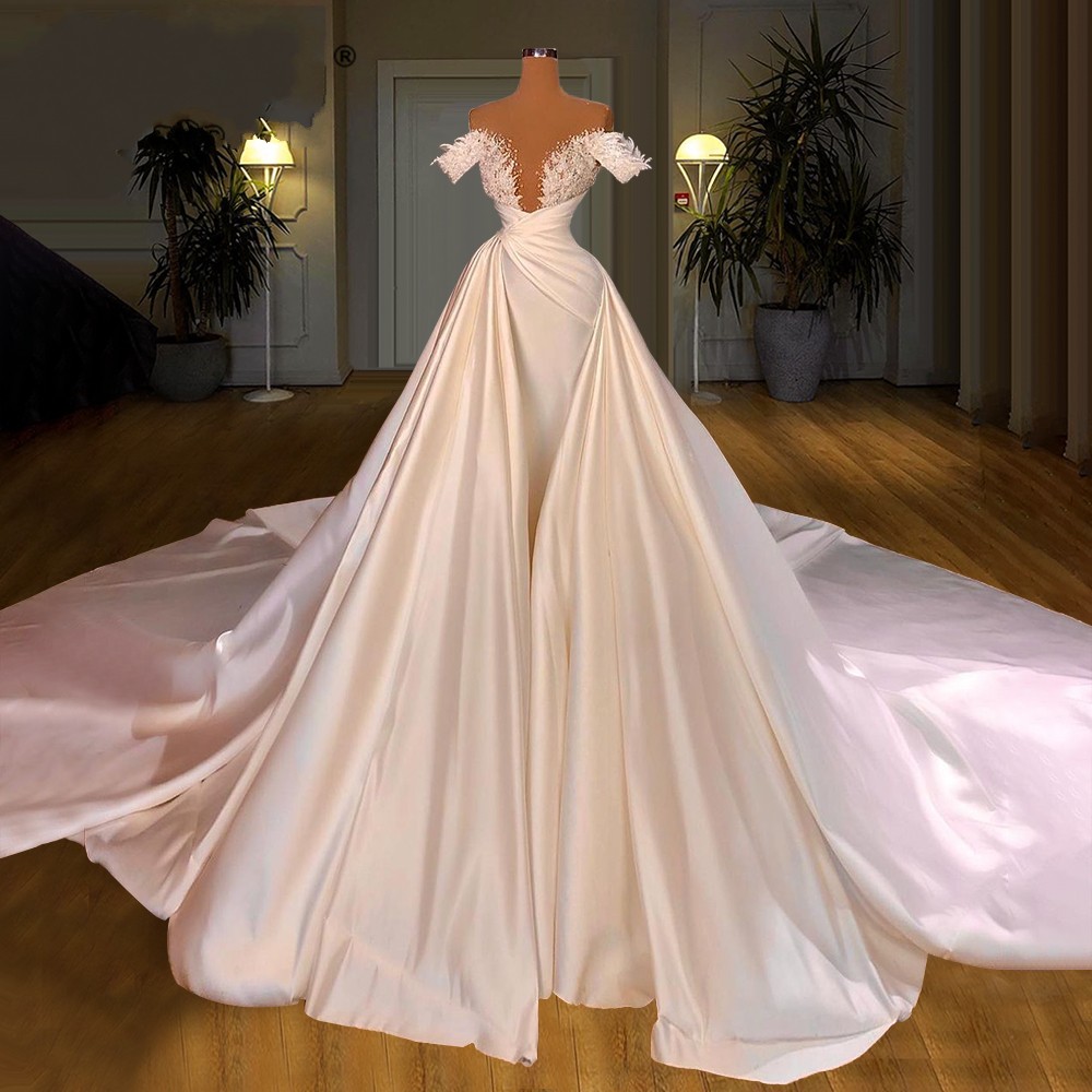 Arabic 2021 Crystal Feathers Dubai Wedding Dresses Off the Shoulder Beaded Cathedral Train Church Bridal Gowns Satin Vestidos AL8510 Cadral