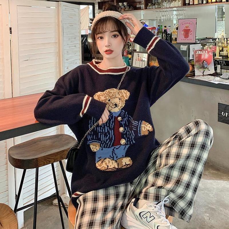 Little Bear Knitted Sweater Women Autumn Style Korean Lazy Loose Pullover Vest Outer Jacket College Style Vest 201224