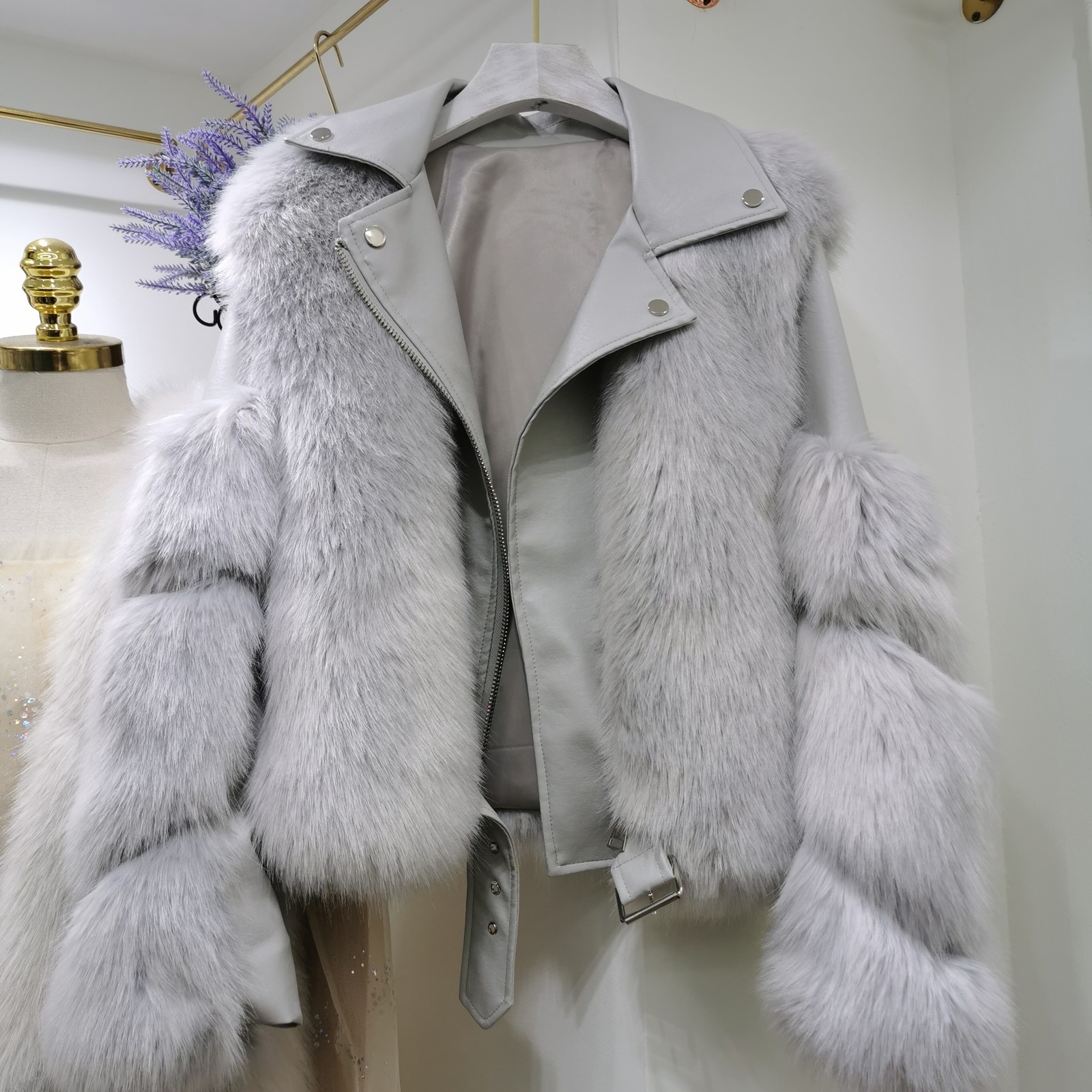 Women fur faux fur coat Ladies lapel stitching Fashion solid color fur jacket Ladies lapels faux leather fue coat LR97