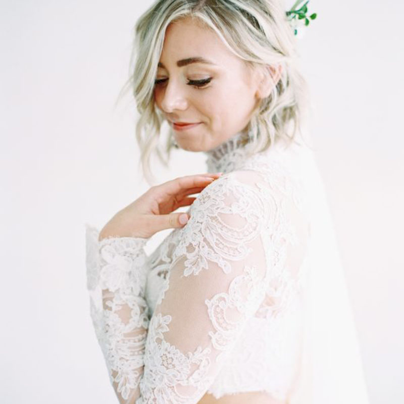 Two Piece Boho Beach Wedding Dress A Line 2021 Long Sleeves Bride Dresses Top Appliqued High Neck Illusion Lace Chiffon Country Bridal Gowns