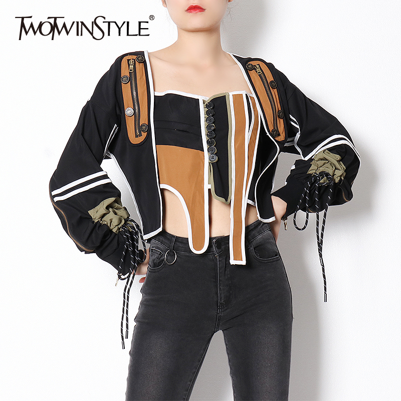 Women's Patchwork Casual Coat - Square Collar, Long Sleeve, Lace Up Bowknot, Streetwear Jacket