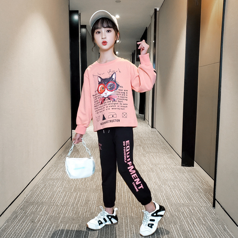 13 14 Year Cute Girl Pink Cartoon O-neck Clothes Suit 2020 New Autumn Fashion Sports Two Piece Sets Little Girl Boutique ClothesX1019
