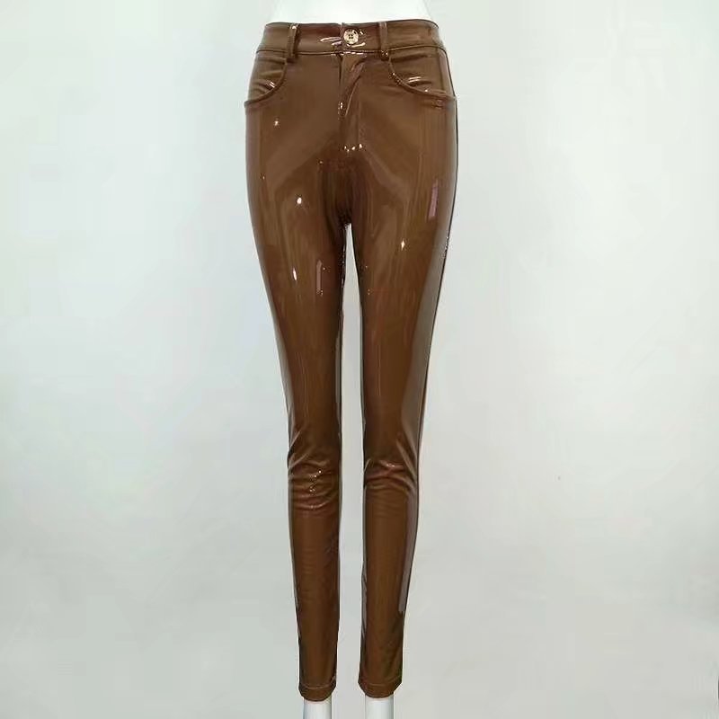 High Quality Celebrity Brown Red Black Leather Stretch Pants Sexy Fashion Boycon Pant 201109