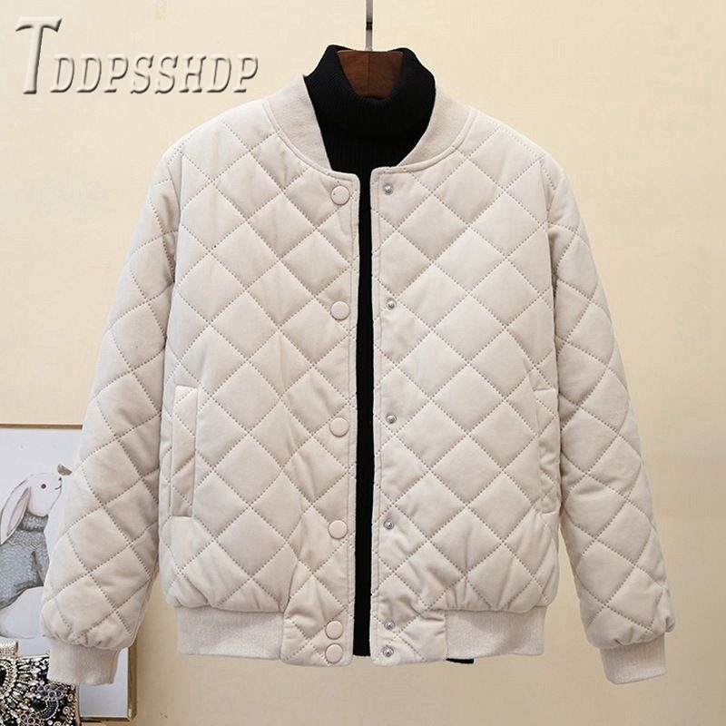Lightweight Velvet Women Parkas Rhombus Covered Button Short Style Female Coat 201019