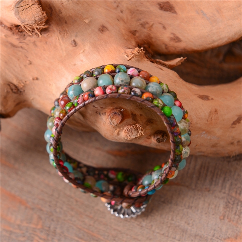 Drop Women Boho Three Layer Round Shape Emperor Stone Single Leather Wrap Friendship Beaded Bracelet Y200918