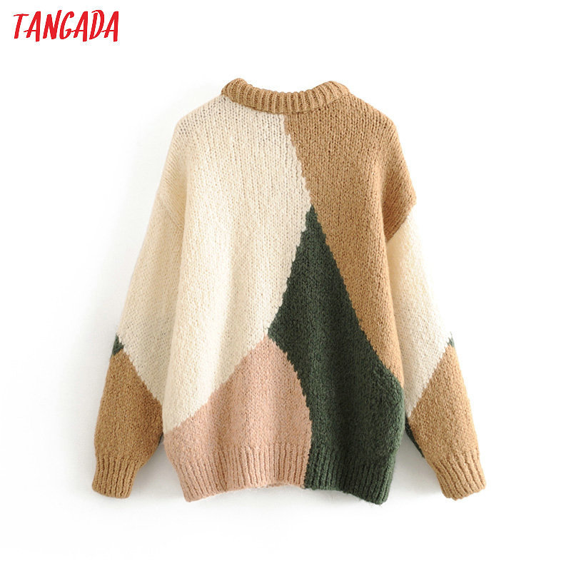 Tangada korea chic women color block sweater vintage ladies oversized soft knitted jumper tops 3H230 201017
