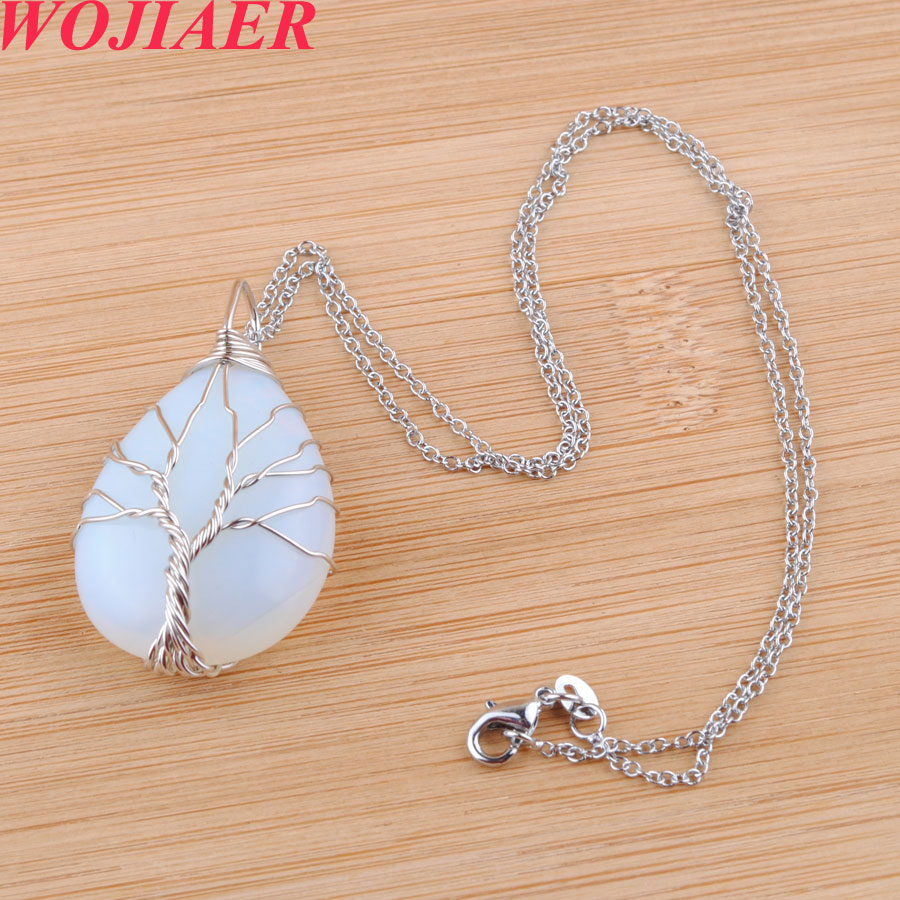 WOJIAER Mix Crystal Natural Stone Tree of Life Necklace Opal Green Howlite Onyx Water Drop Bead Twining Pendant 6PCS DBO912