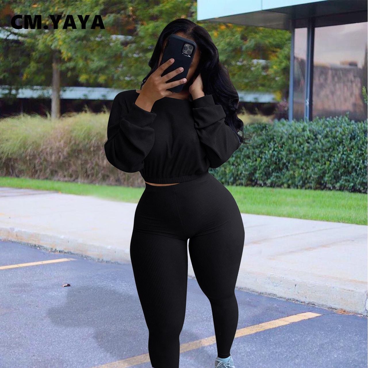 CM.YAYA Knitted Ribbed Women's Set Long Sleeve Sweater Top Pencil Pants Suit Active Wear Tracksuit Two Piece Set Fitness Outfits 201104