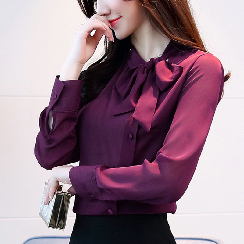 Autumn Blouse Women Bow Women's Clothing Long-sleeved Chiffon Blouse White Solid Purple Women Tops Blusas Shirts D304 30 201028