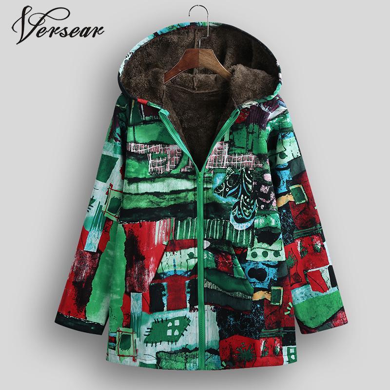 Versear Ethnic Women Jacket Colorful Graffiti Print Faux Fur Lining Hooded Coats Casual Long Sleeve Pockets Outerwear Plus Size