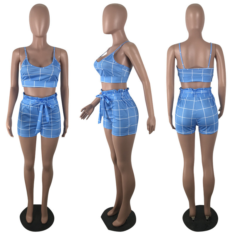 New Women Sets Summer Tracksuits Plaid Print TopsShorts Suit Two Piece Set Club Party Sashes Street 2 Pcs Outfits GL736 T200603