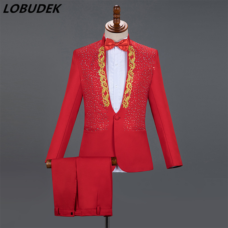 Red Sparkly Crystals Embroidery Blazers Suit Wedding Groom White Stage Chorus Men Dresses Singer Host 2-Piece Set Costume 201109