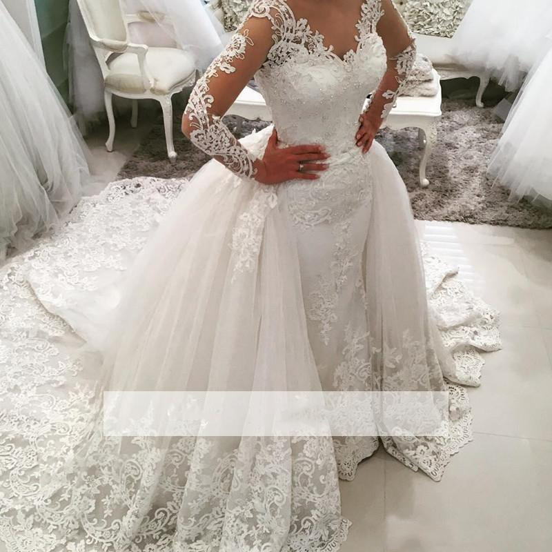 Modest Country Western 2022 Wedding dresses with Detachable Train Lace Long Sleeve Vintage Bridal Gowns Plus Size Vestido de Novia