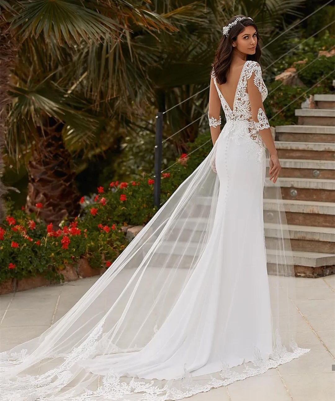 Bohemian Mermaid Wedding Dresses 2022 Detachable Train 3/4 Sleeve Lace Appliques Charming For Women Backless Robe De Marie Civil