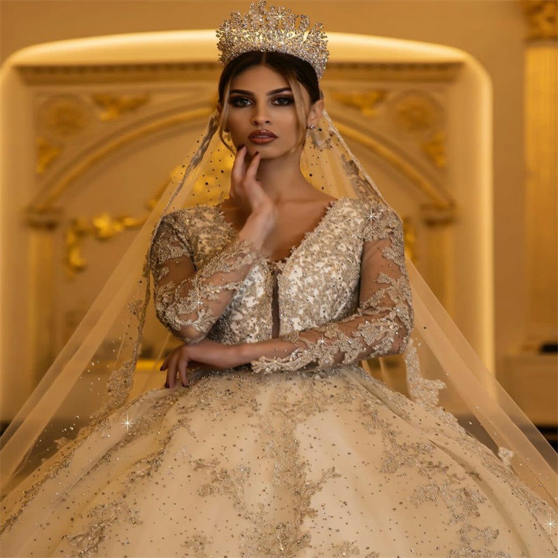 Arab Dubai Ball Gown Wedding Dresses Luxury Long Sleeves Appliqued Crystal Beads Bridal Gowns V Neck Custom Made Vestidos De Novia