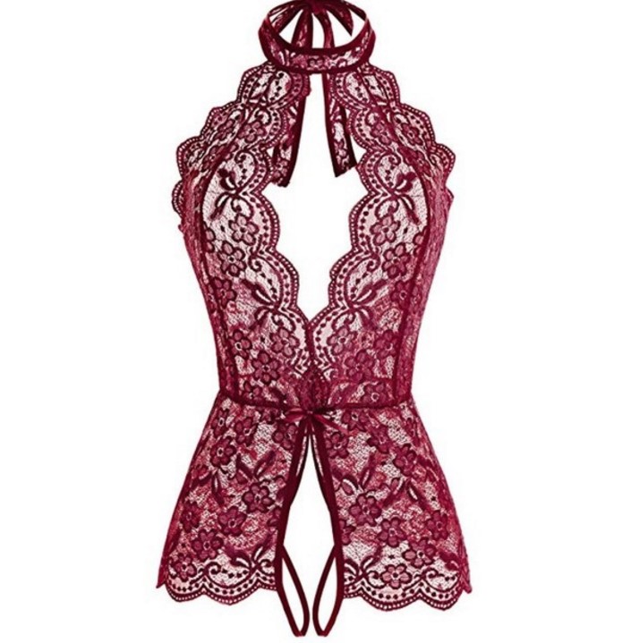 Sexy Underwear Womens Halter Lingerie Lin Tai Pajamas Lace V-neck Sleeveless Tights Babydoll Open Fork Nightwear Bodysuit