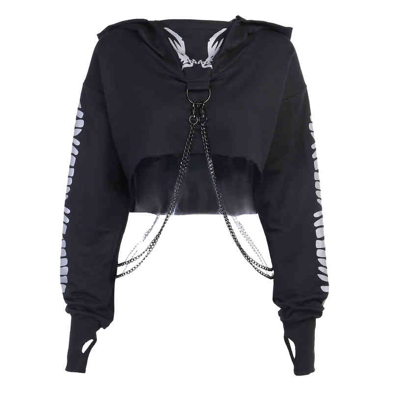 Women Gothic Reflective Print Hoodies Crop Top Pullover Sweatshirt Jumpers with Detachable O-ring Chain 220210