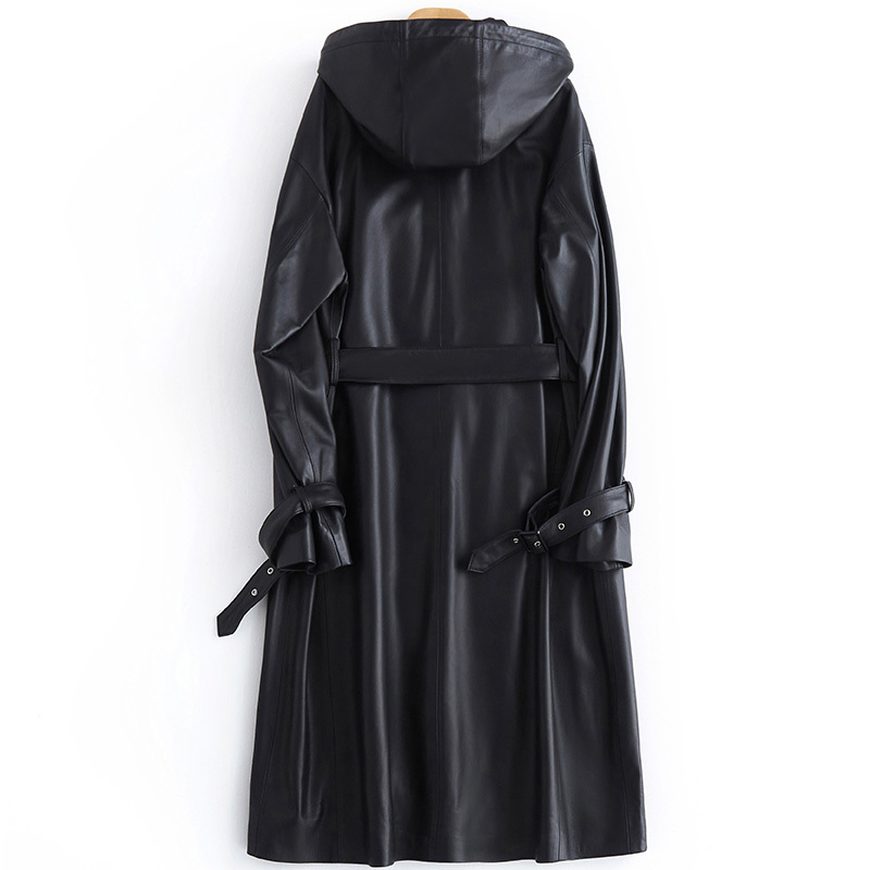 Lautaro Black long leather trench coat women with hood long sleeve belt 6xl 7xl plus size women spring autumn pu leather jacket 201226