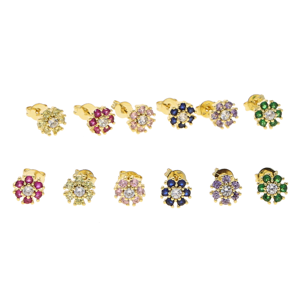 2021 Wholesale Rainbow Cz Pave Flower Shape Stud Earring with Green Purple Red Blue Pink Colorful Shiny Earring Jewelry for Girl Gift