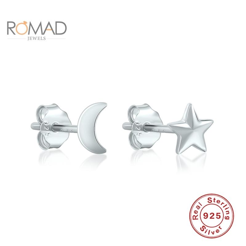 

Stud ROMAD 1pair 925 Sterling Silver Moon Pearl Earrings INS Wind Star Asymmetric Glossy 18k Gold Plating Jewelry