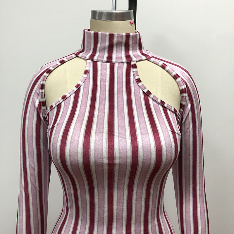 HAOYUAN Sexy Velvet Striped Bodycon Jumpsuit Fashion Body One Piece Club Outfit Long Sleeve Turtleneck Rompers Womens Jumpsuit T200509