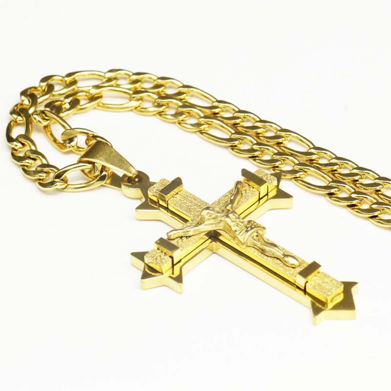 Gold Tone Jesus Christ Stainless Steel Cross Cruz Pendant Necklace with 24" Figaro chain Necklace
Gold Tone Jesus Christ Stainless Steel Cross Cruz Pendant Necklace with 24" Figaro chain Necklace
