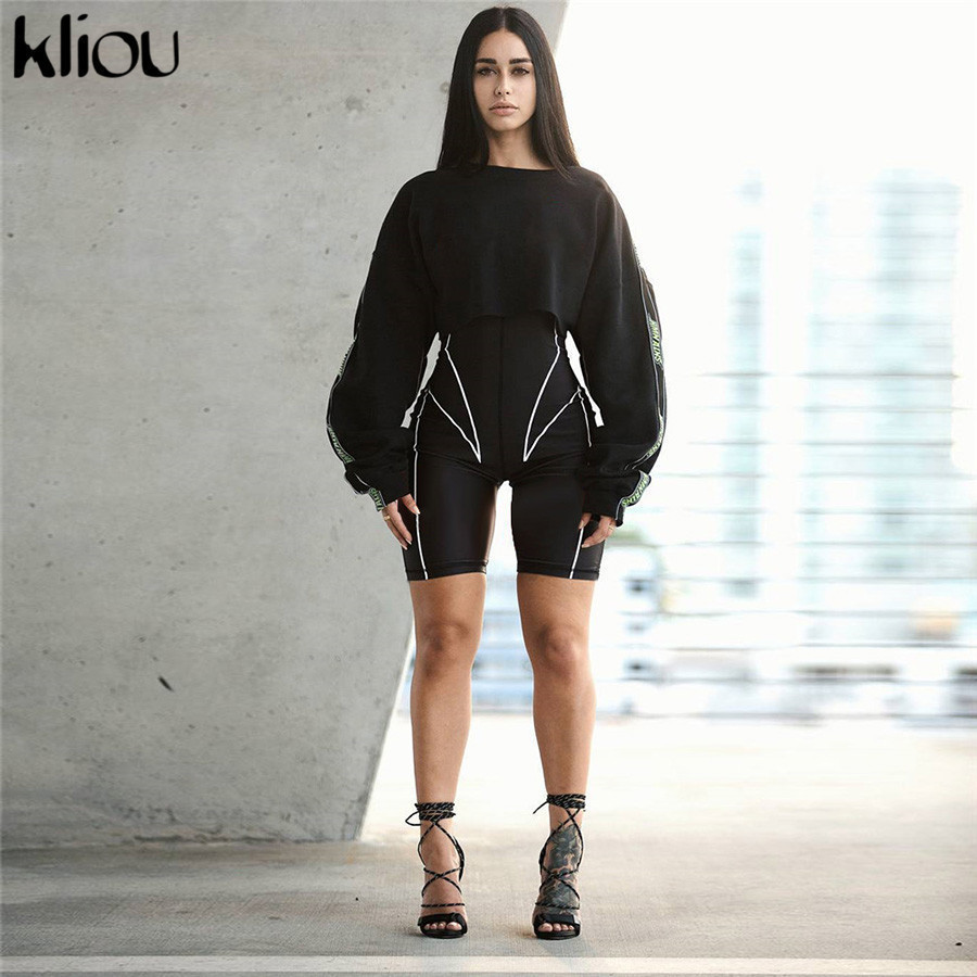 Kliou new women turtleneck full sleeve fitness playsuit white striped patchwork letter print push up skinny casual bodysuit T200113