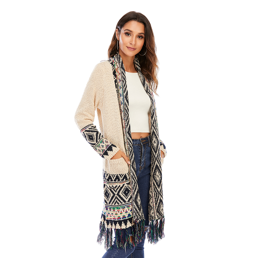 CGYY Women's Colorful Boho Sweater White Color Knitted Open Front Spring Autumn Winter Cardigan With Fringe Tassel And Pockets 210204
