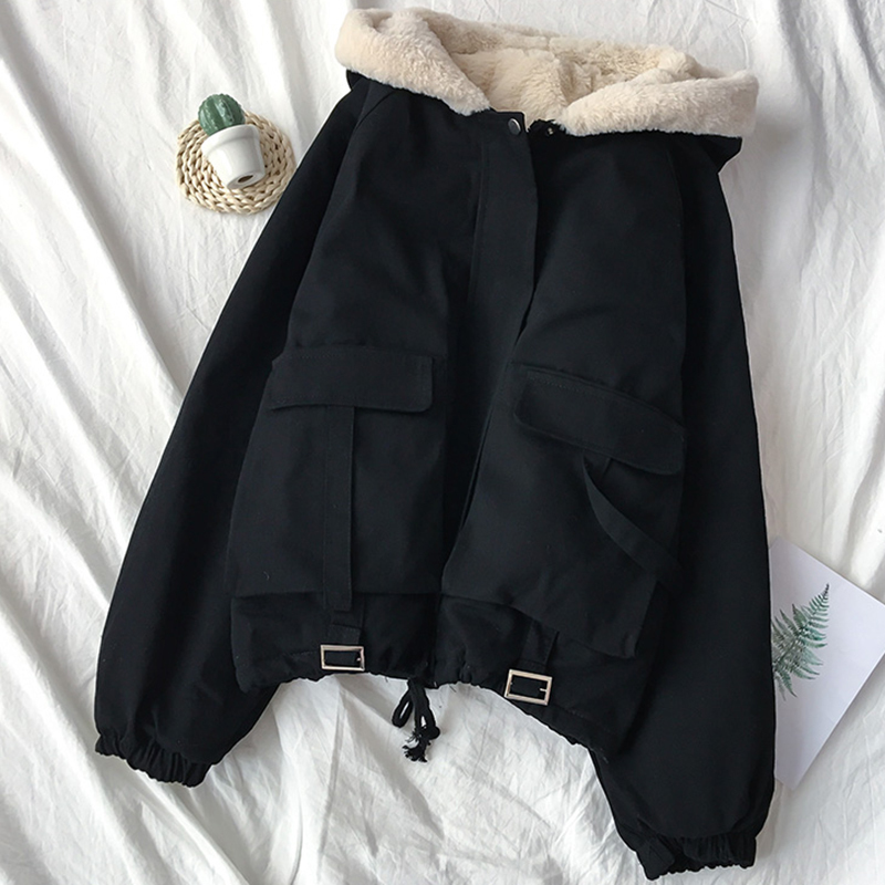 Winter Female Jacket Hooded Warm Down Parka Cotton Coat Women Padded Jacket Wool Women Clothing Big Pocket Parkas Women Outwear 201017