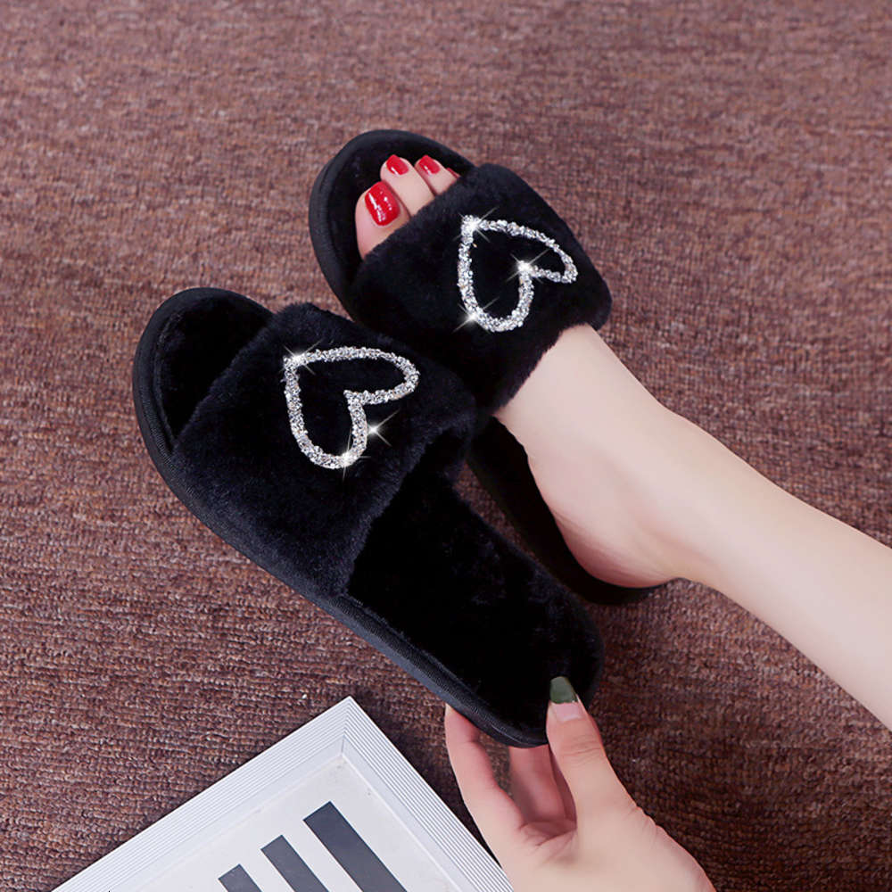 Winter cotton slippers women's music home indoor plush flip flop, Black