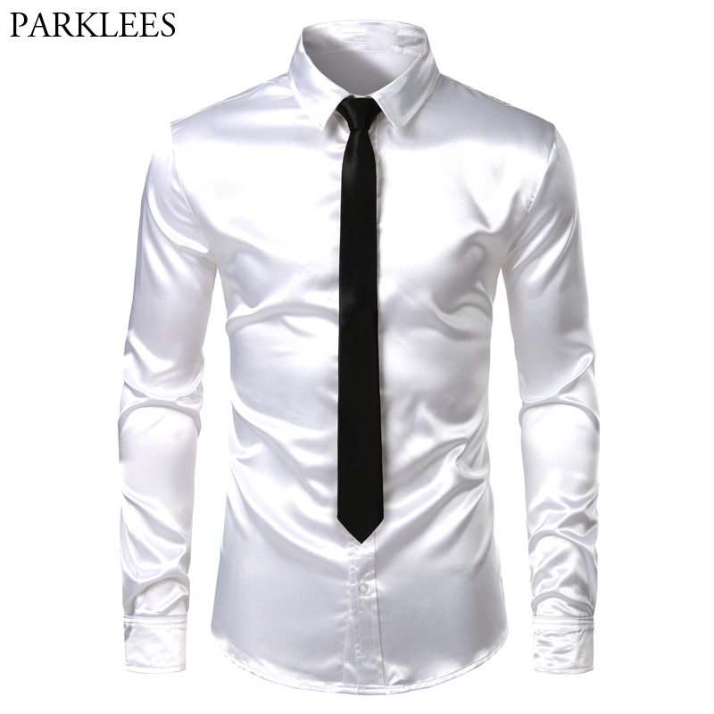 Men's 2 Pieces (Shirt+Tie) White Silk Satin Dress Shirts Slim Fit Long Sleeve Button Down Shirt Male Wedding Party Prom Chemise 201120
Men's 2 Pieces (Shirt+Tie) White Silk Satin Dress Shirts Slim Fit Long Sleeve Button Down Shirt Male Wedding Party Prom Chemise 201120