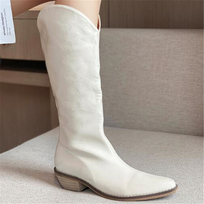 Hot Sale-Women's Pointed Toe Knee High Boots Autumn 2025 Fashion Solid Color PU Leather Boots Woman Square Heels Long Botas Mujer Black