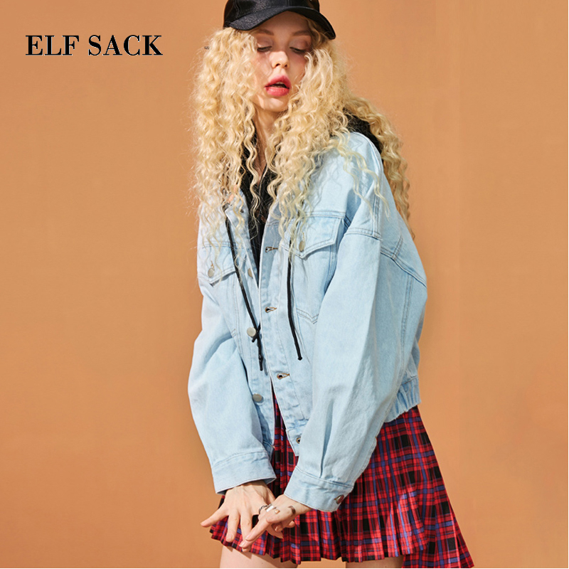ELF SACK New Woman Jackets Cotton Casual Long Sleeve Denim Women Coats Solid Wide-waisted Loose Femme Denim Jackets Outerwear T200319