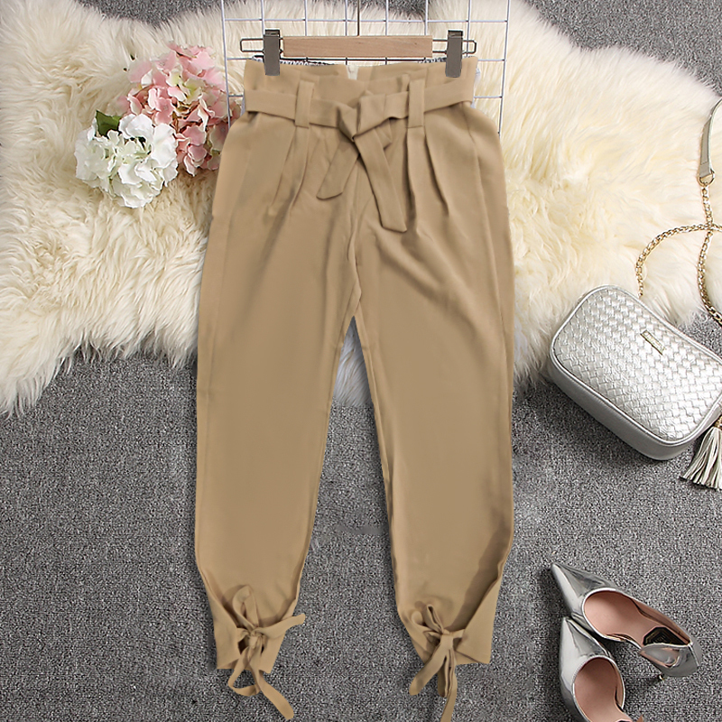 Women Summer Harem Pants with Waist Belt Bowtie Solid Trousers Ladies Casual Fashion Middle Waist Girls Street Fashion Clothing 201113
