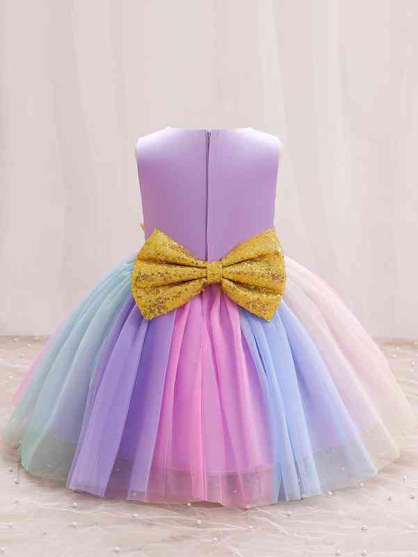 Baby Sequin Insert Big Bow Mesh Hem Gown Dress SHE