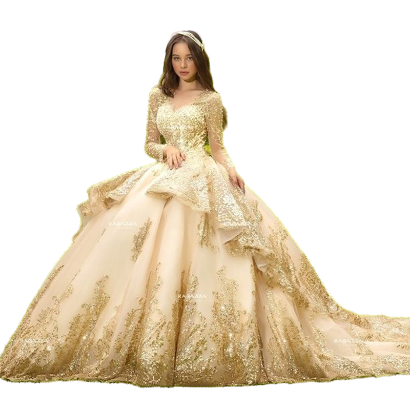 Long Sleeve Sweet 16 Gold Lace Quinceanera Dresses Long Train Ball Gown vestidos para 15 vestido de xv años 2022 V Neck Brithday Party Wear Prom Eveni